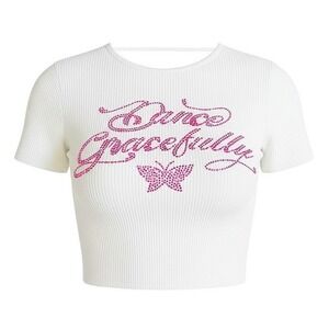 New Large Y2k Backless White Bejeweled Butterly‎ Adjustable Crop Top Retro